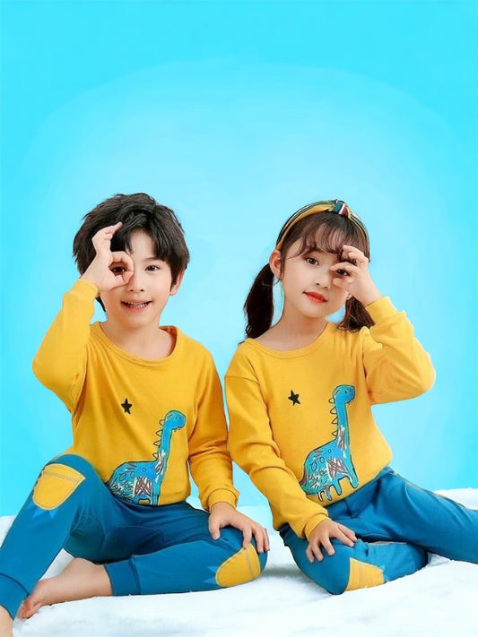 Yellow Blue Dino Printed Kids Wear