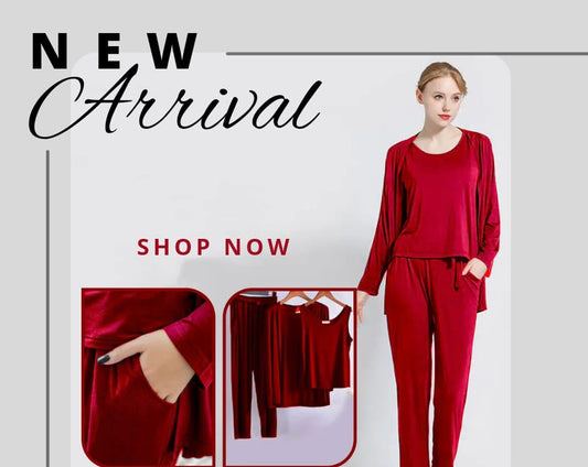 Red Long Sleeve Women Night Suit PJ Set 3 Pieces